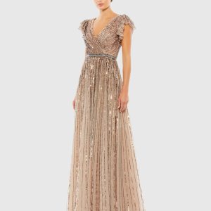 Beige Sequined Wrap Over Ruffled Cap Sleeve Gown