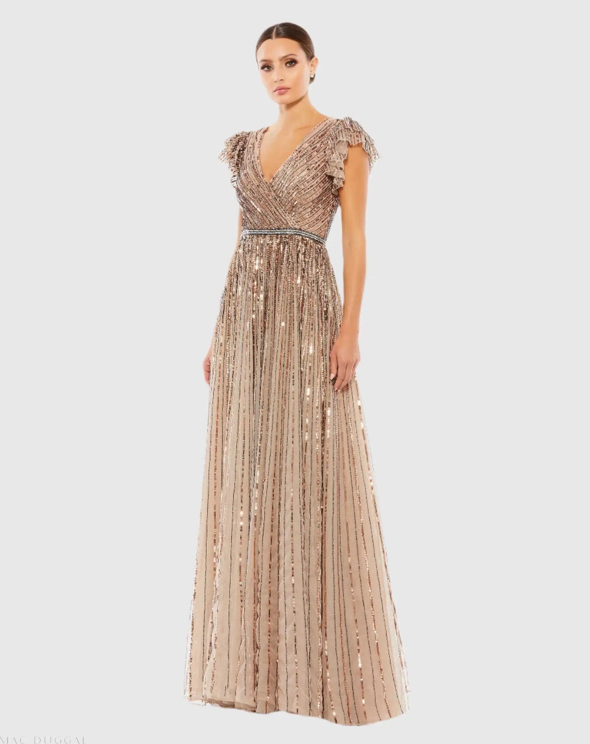 Sequined Wrap Over Ruffled Cap Sleeve Gown - Image 3