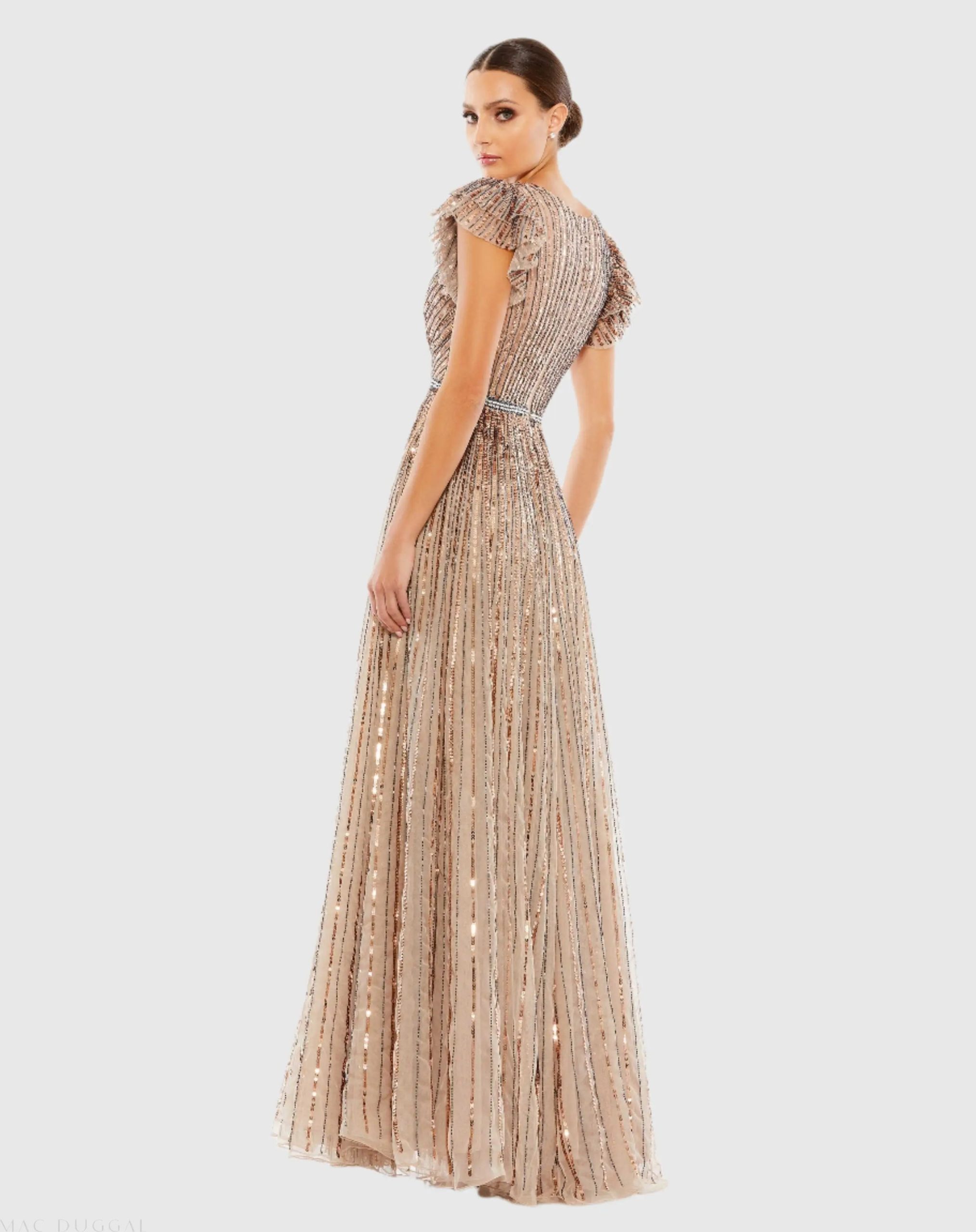Beige Sequined Wrap Over Ruffled Cap Sleeve Gown - Image 3