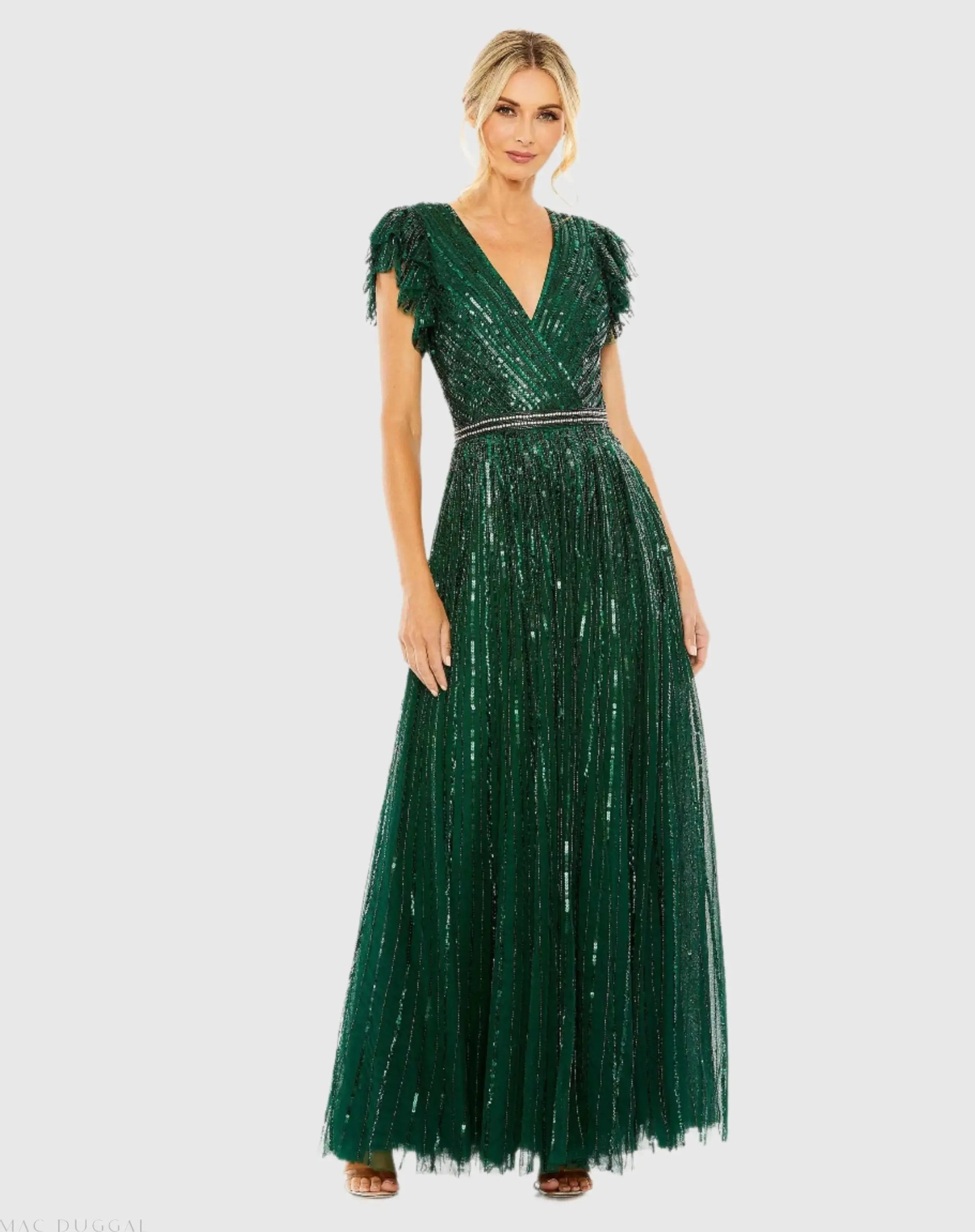 Sequined Wrap Over Ruffled Cap Sleeve Gown - Image 4