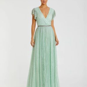 Green Sequined Wrap Over Ruffled Cap Sleeve Gown