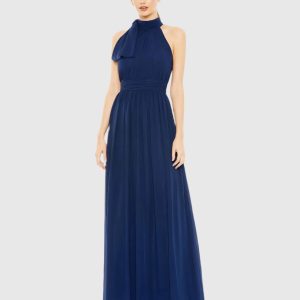 Navy High Neck Chiffon Gown