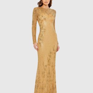 Gold Long Sleeve Beaded Evening Gown
