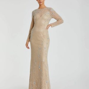 Beige Long Sleeve Beaded Evening Gown