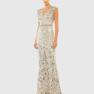 Embellished V Neck Cap Sleeve Sequin Gown