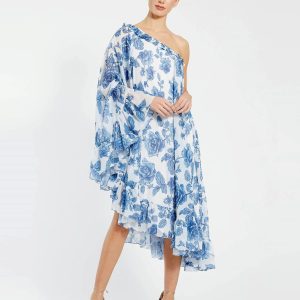 White and Blue Floral Print One Shoulder Cape Dress