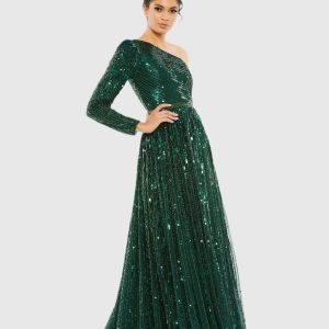 Sequined One Shoulder A Line Gown
