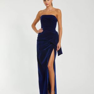 Blue Strapless High Slit Draped Velvet Gown