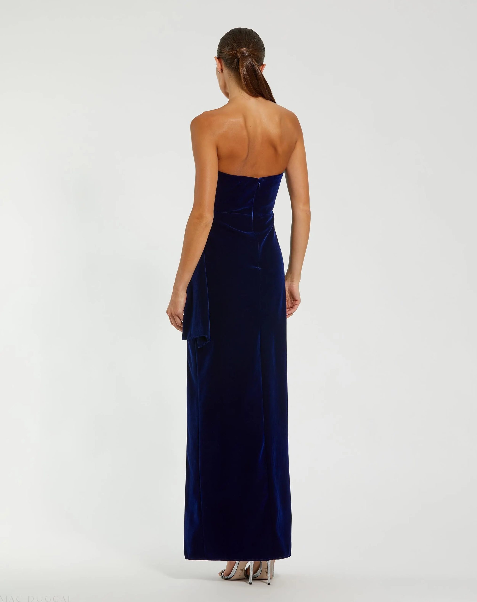 Blue Strapless High Slit Draped Velvet Gown - Image 3