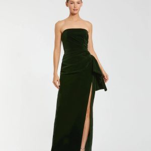 Green Strapless High Slit Draped Velvet Gown