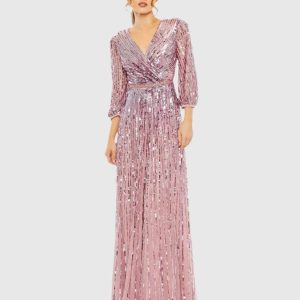 Purple Sequined Wrap Over 3/4 Sleeve Gown