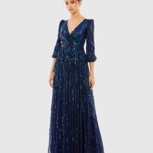 Navy Sequined Wrap Over 3/4 Sleeve Gown