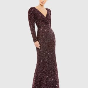 Red Puff Shoulder Sequined Surplice Gown