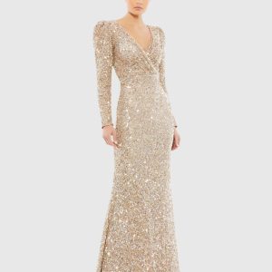 Gold Puff Shoulder Sequined Surplice Gown