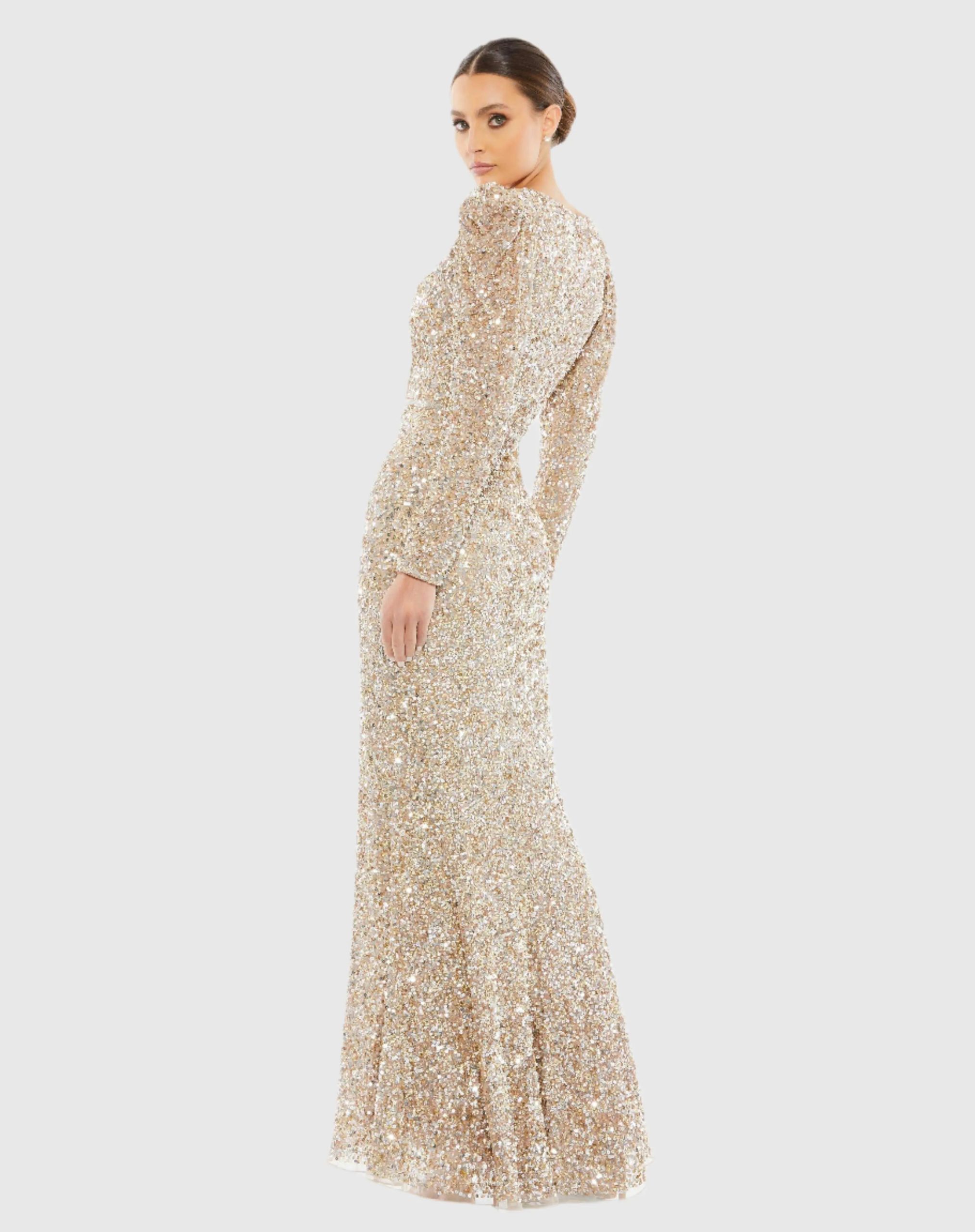 Gold Puff Shoulder Sequined Surplice Gown - Image 3