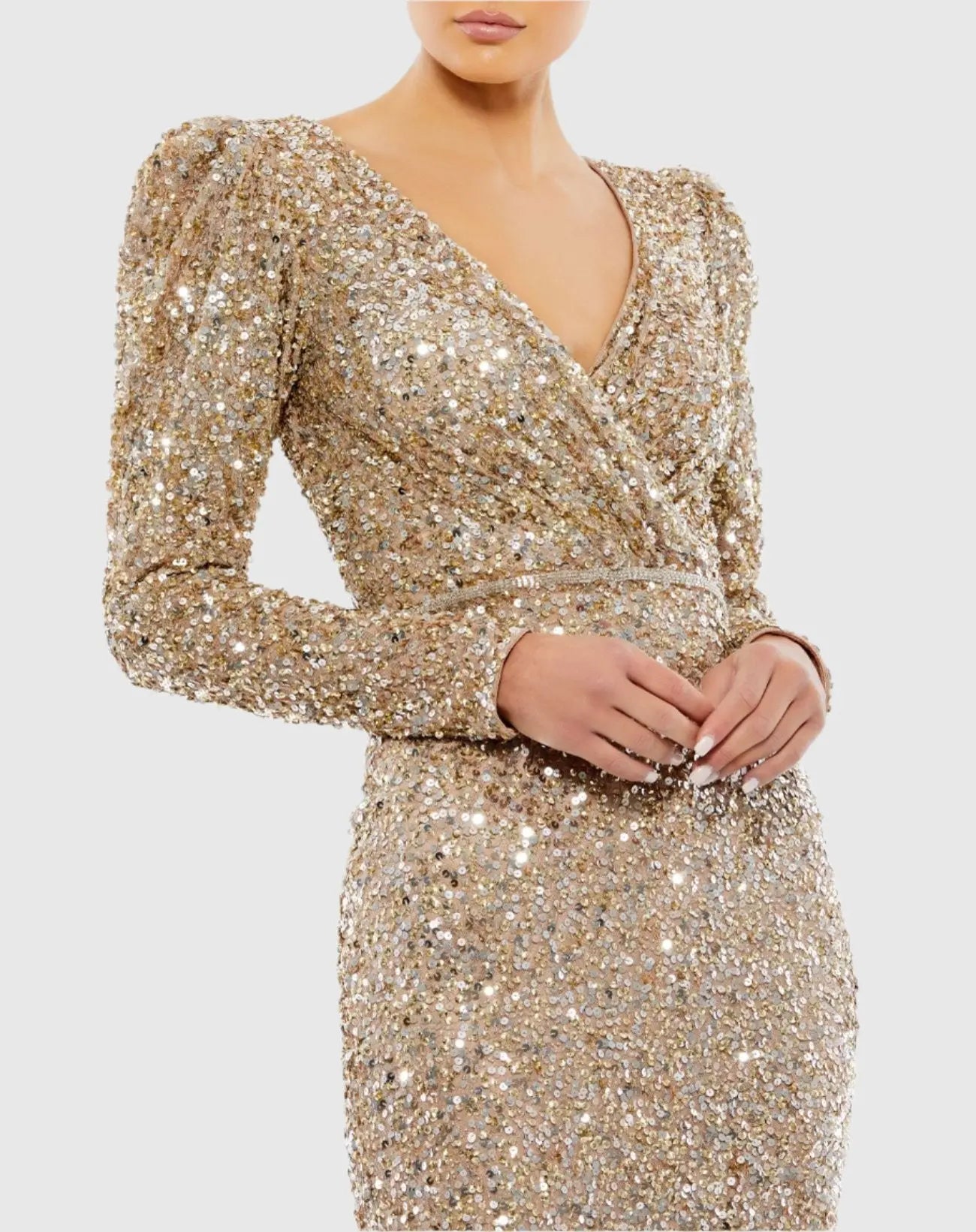 Gold Puff Shoulder Sequined Surplice Gown - Image 2