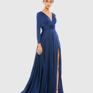 Navy Long Sleeve Ruched Waist A-Line Gown