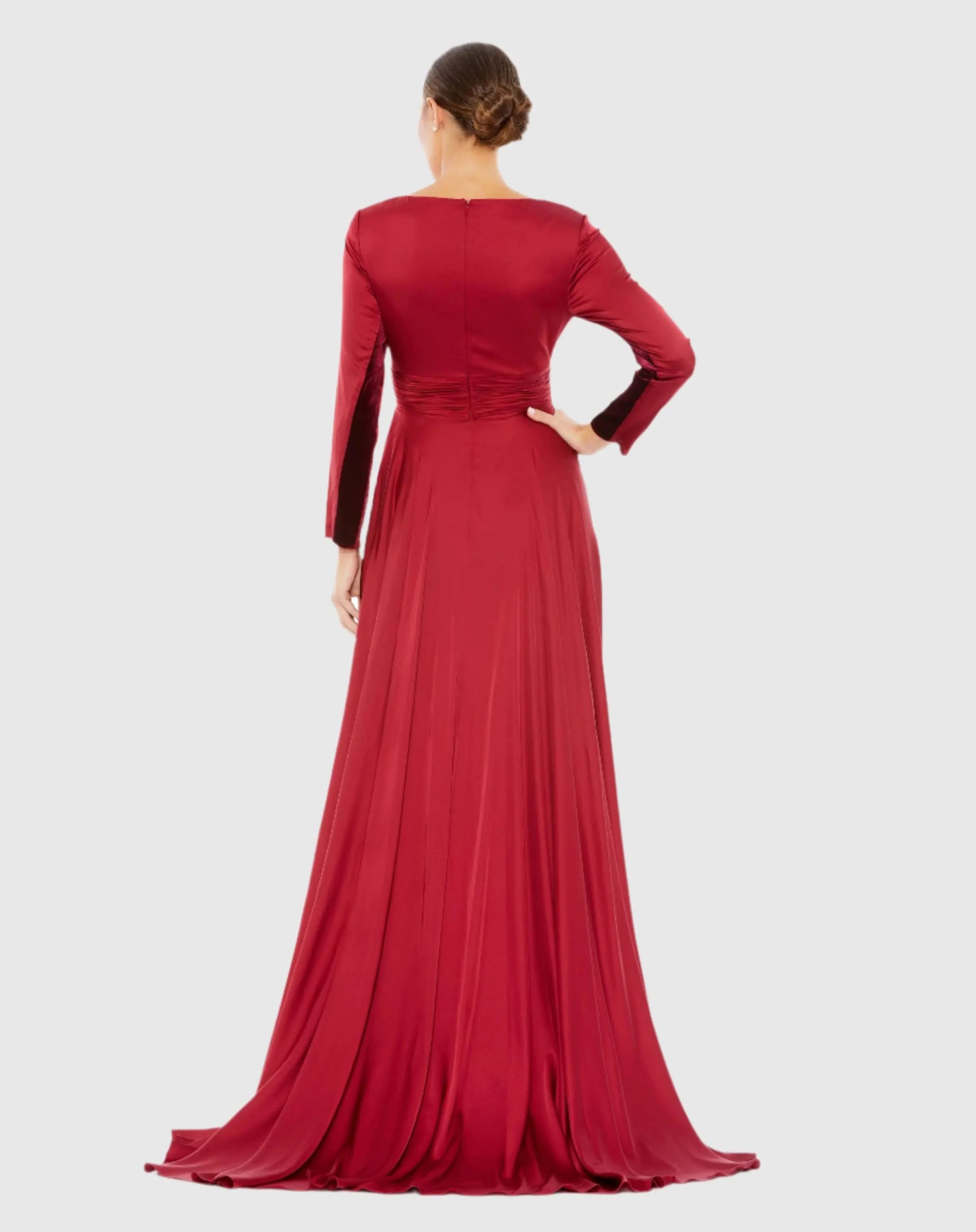 Red Long Sleeve Ruched Waist A-Line Gown - Image 3