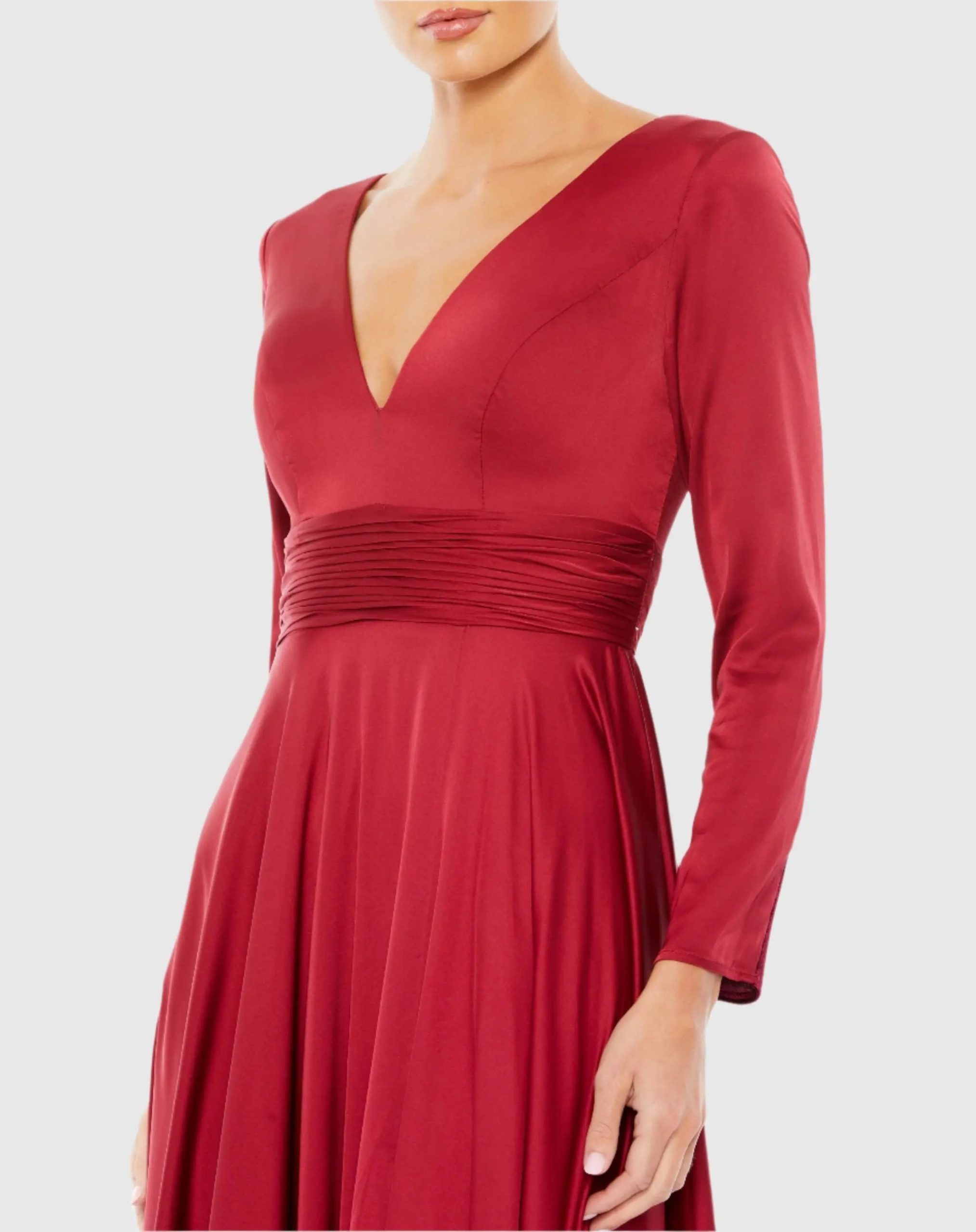 Red Long Sleeve Ruched Waist A-Line Gown - Image 2