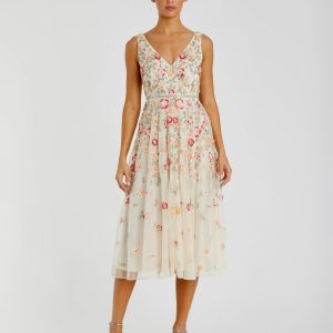 White V-Neck Sleeveless Midi Floral Beaded A-line Dress