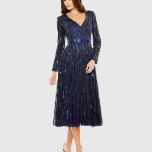 Navy Long Sleeve Tea Length Dress