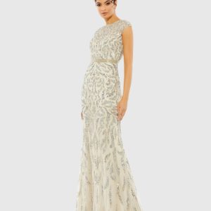 White and Silver Embellished High Neck Cap Sleeve Gown