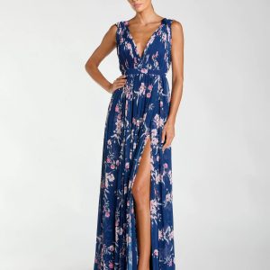 Dark Blue Sleeveless Pleated Floral Print Chiffon V-Neck Gown