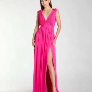 Pink Sleeveless Pleated Chiffon V-Neck Gown