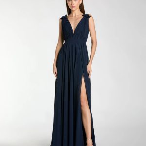 Navy Sleeveless Pleated Chiffon V-Neck Gown