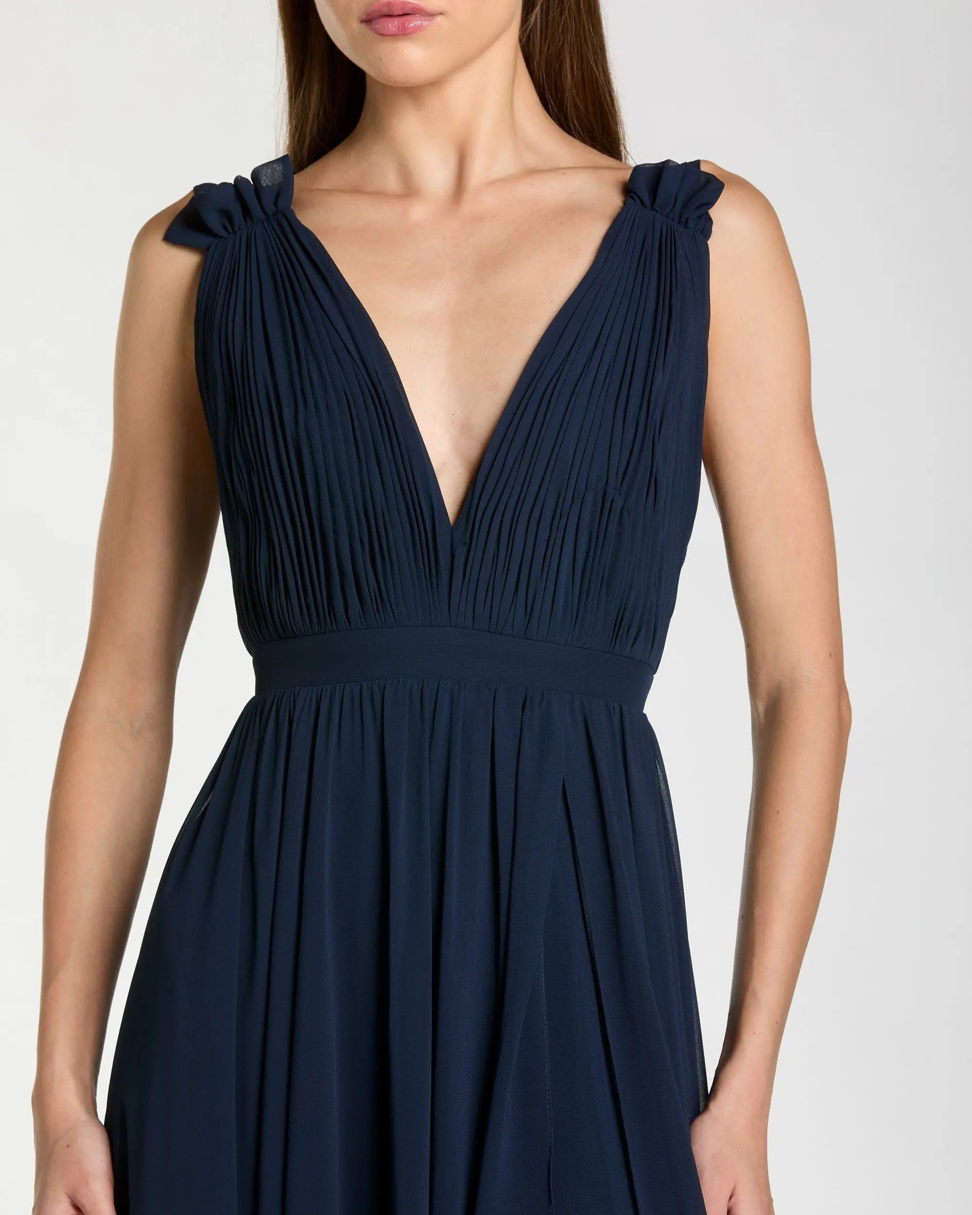 Navy Sleeveless Pleated Chiffon V-Neck Gown - Image 2