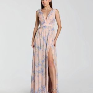 Pink Sleeveless Pleated Floral Print Chiffon V-Neck Gown