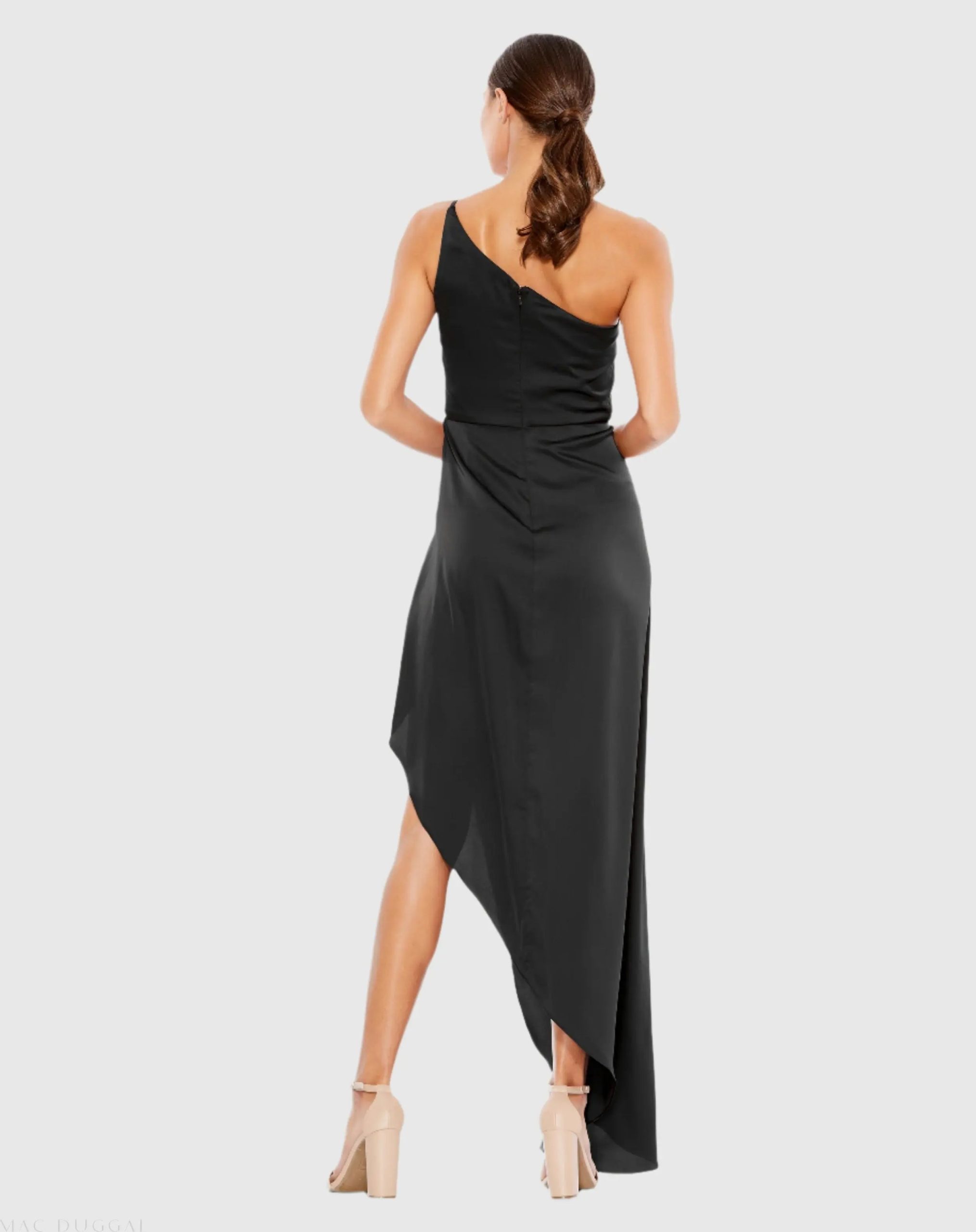 Black One Shoulder Hi-Low Draped Charmeuse Dress - Image 4