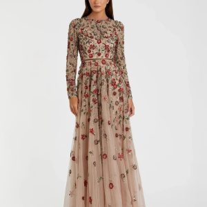 Beige Embellished High Neck Long Sleeve A Line Gown