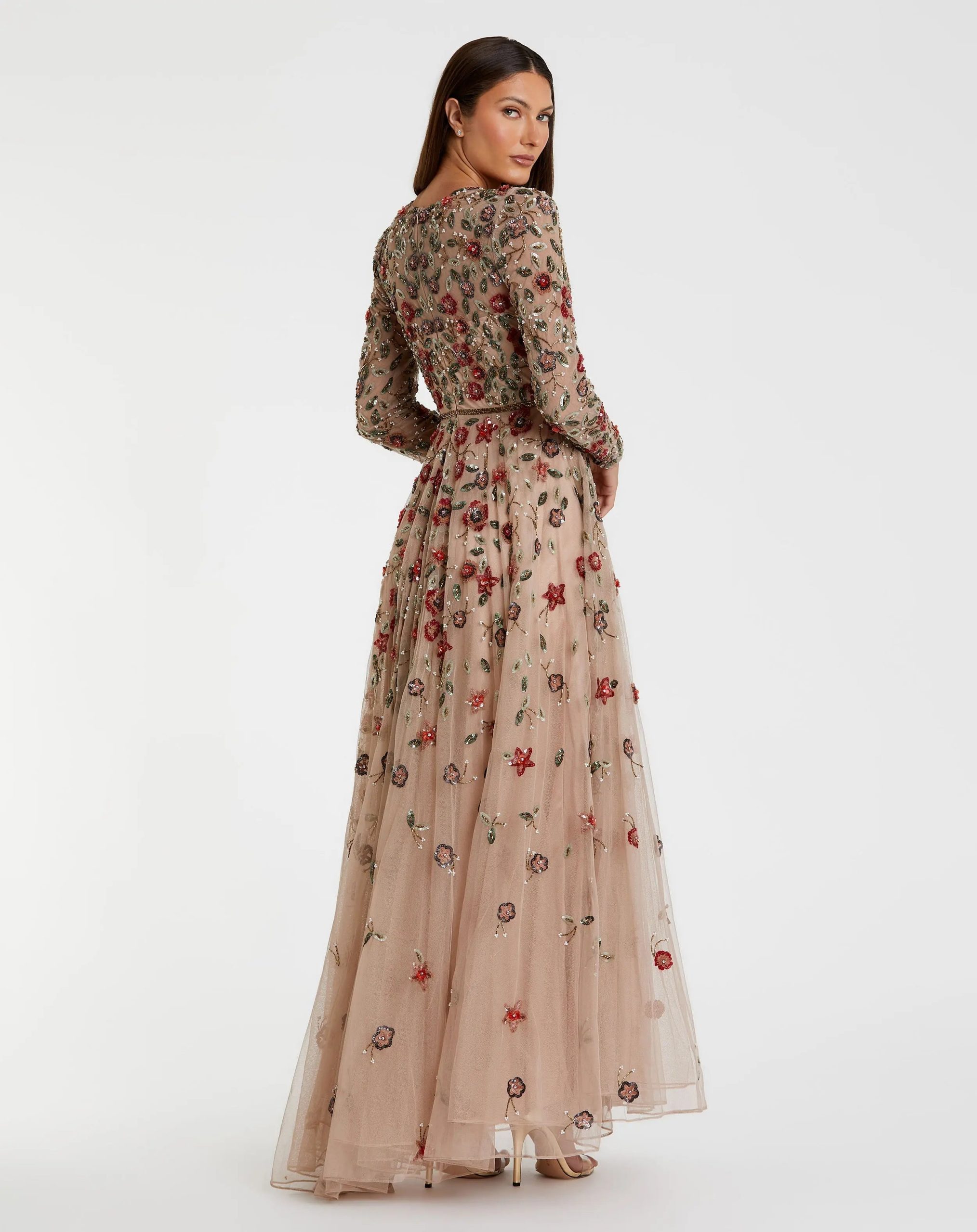 Beige Embellished High Neck Long Sleeve A Line Gown - Image 3