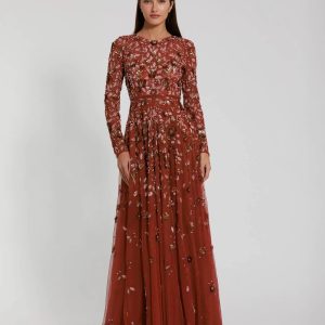 Red Embellished High Neck Long Sleeve A Line Gown