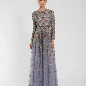 Gray Embellished High Neck Long Sleeve A Line Gown
