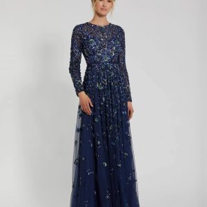 Navy Embellished High Neck Long Sleeve A Line Gown