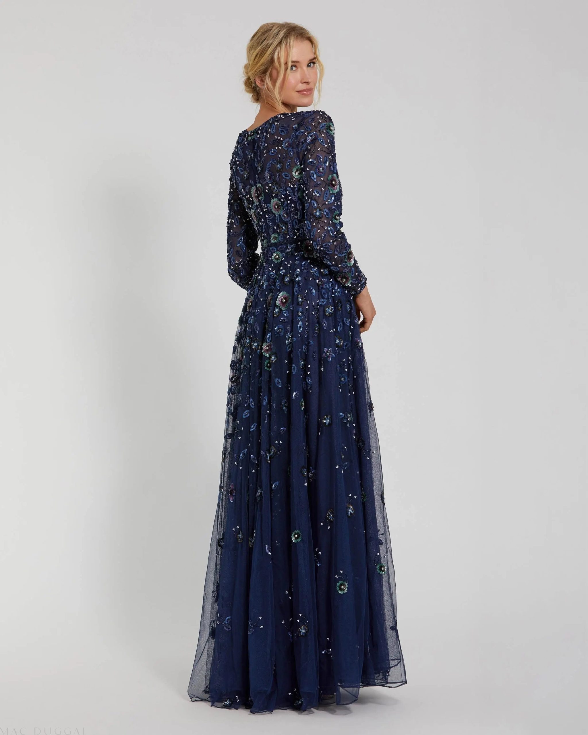 Navy Embellished High Neck Long Sleeve A Line Gown - Image 3
