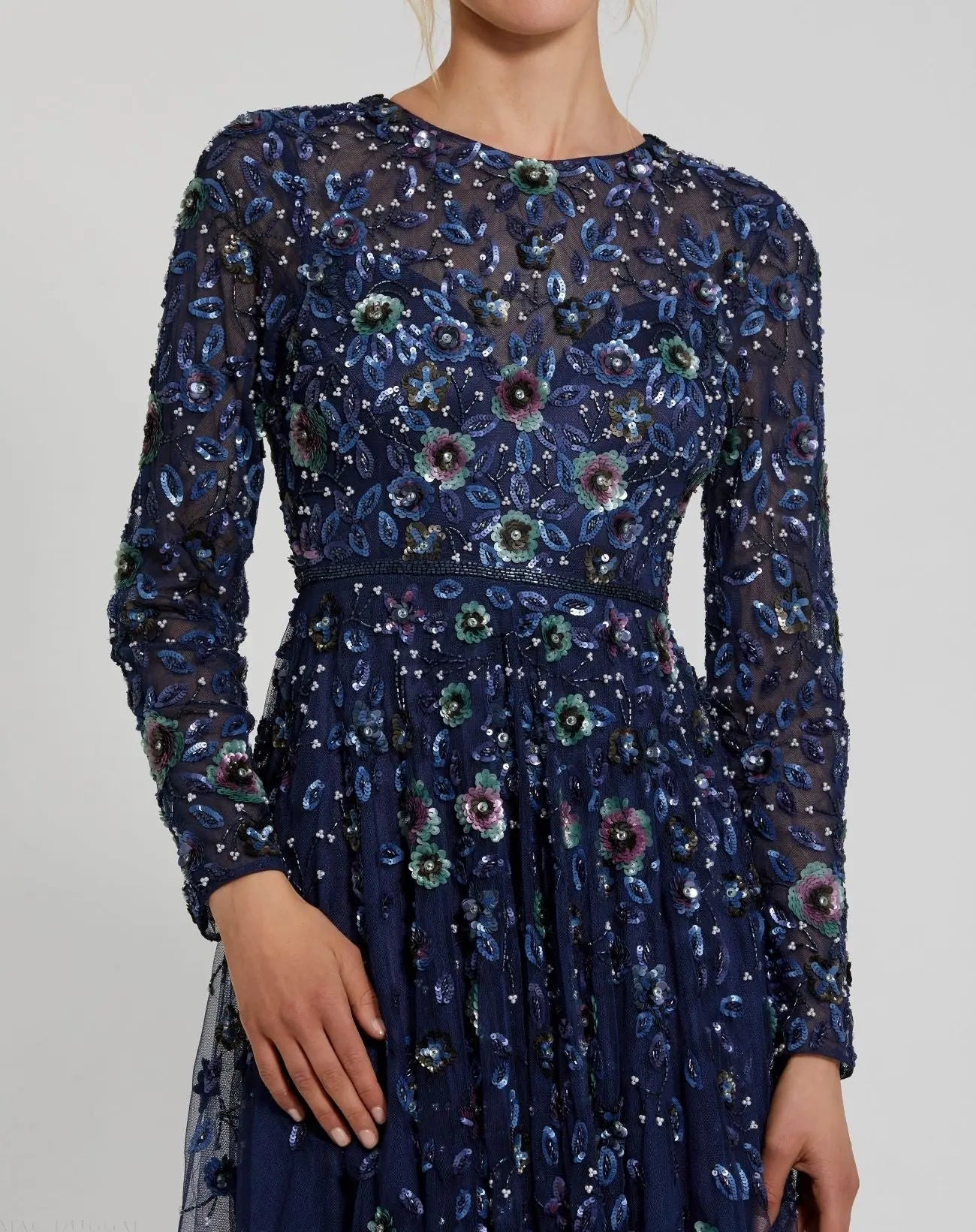 Navy Embellished High Neck Long Sleeve A Line Gown - Image 2
