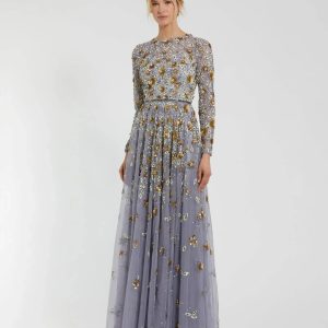 Platinum Embellished High Neck Long Sleeve A Line Gown