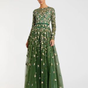 Green Embellished High Neck Long Sleeve A Line Gown