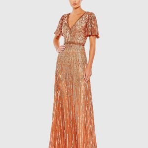 Embellished V Neck Butterfly Sleeve Column Gown