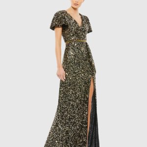 Black and Gold Sequined Wrap Over Butterfly Sleeve Draped Gown