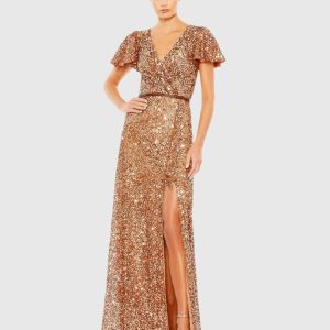 Copper Sequined Wrap Over Butterfly Sleeve Draped Gown