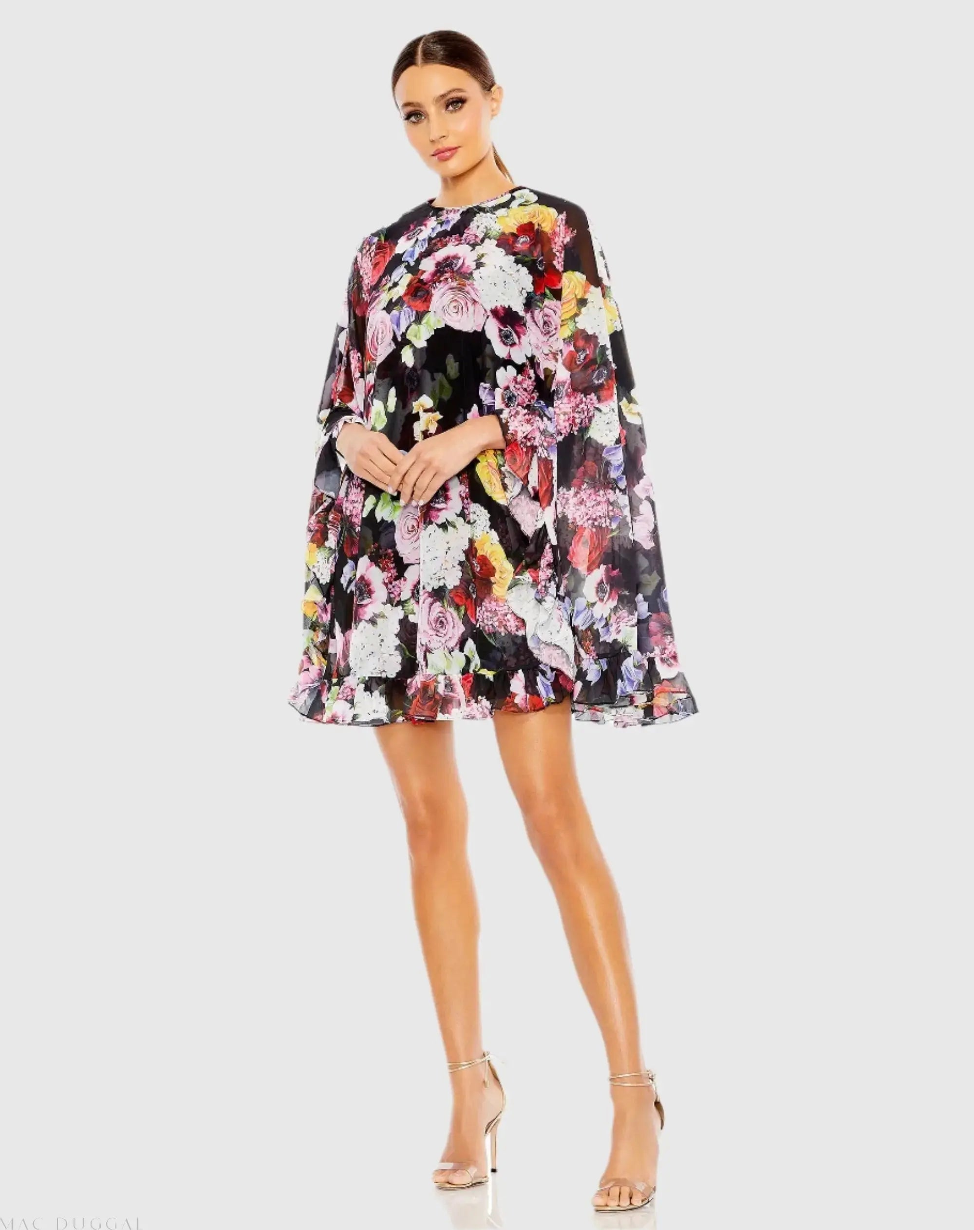 Floral Print High Neck Ruffle Hem Cape Mini Dress - Image 2