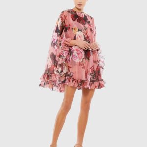 Pink Multicolor Floral Print High Neck Ruffle Hem Cape Mini Dress