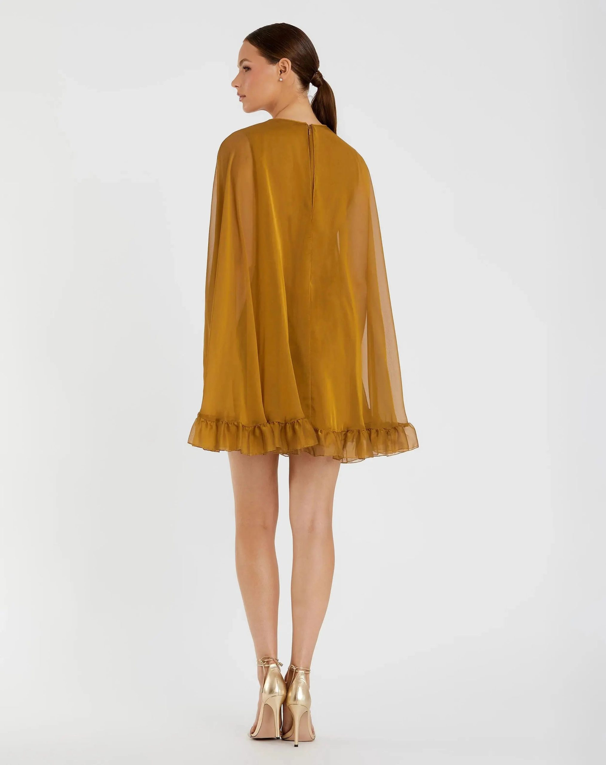 Dark Yellow High Neck Ruffle Hem Cape Mini Dress - Image 3