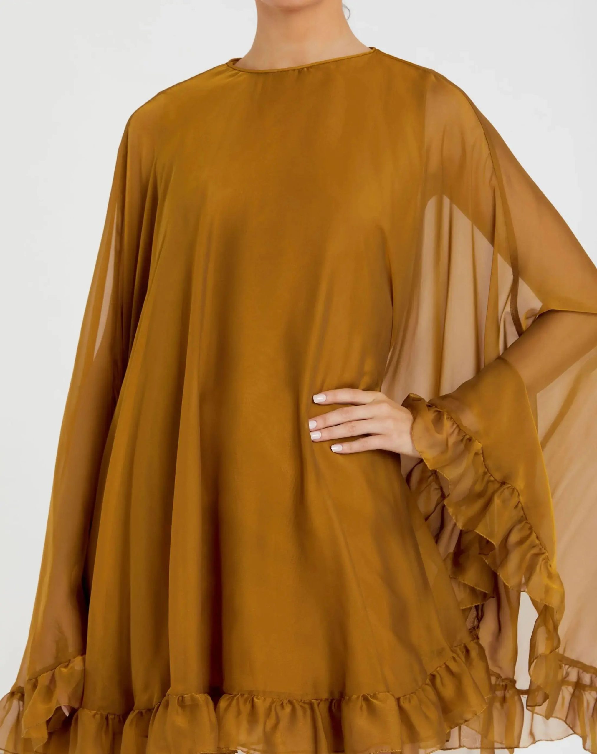 Dark Yellow High Neck Ruffle Hem Cape Mini Dress - Image 2