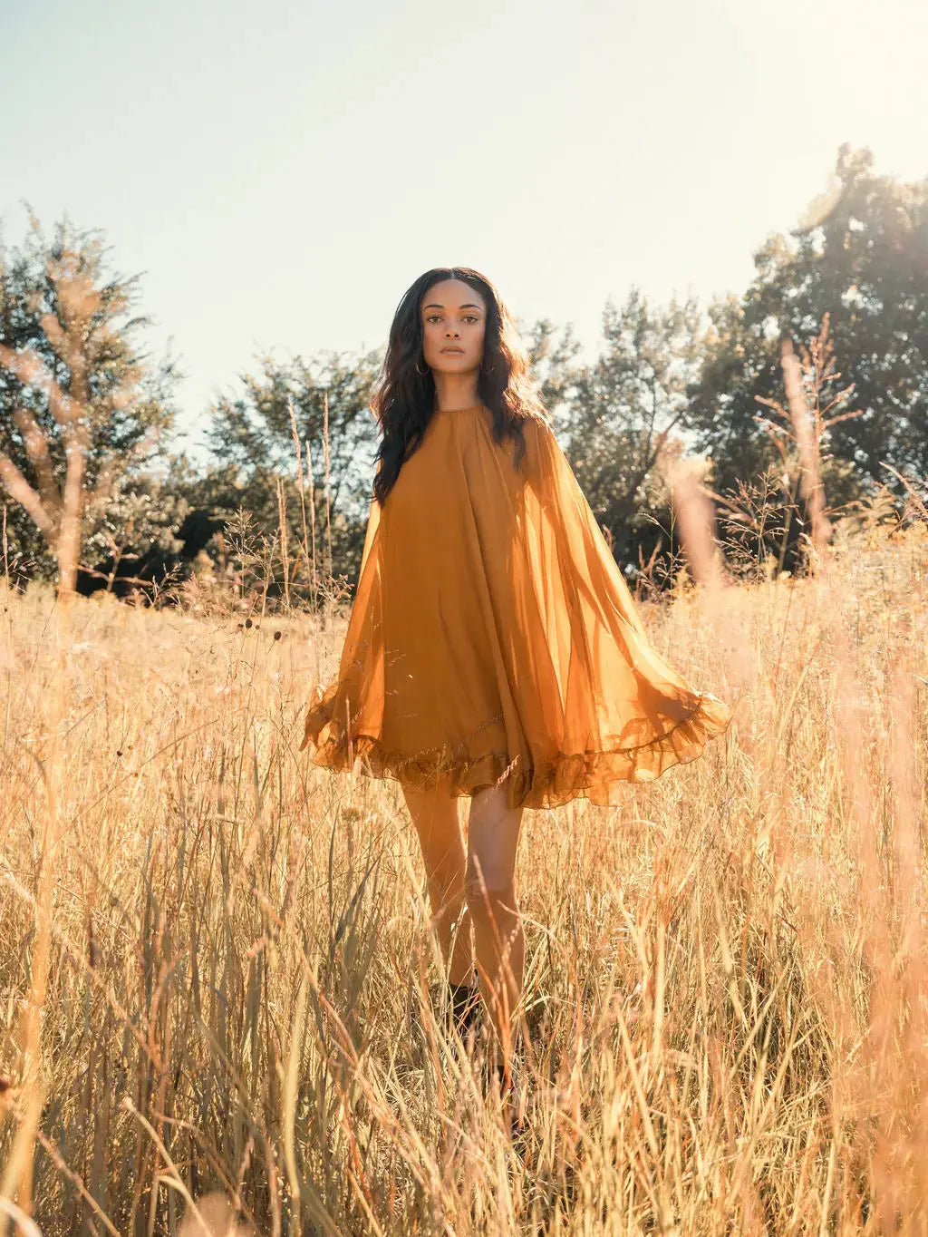 Dark Yellow High Neck Ruffle Hem Cape Mini Dress - Image 5