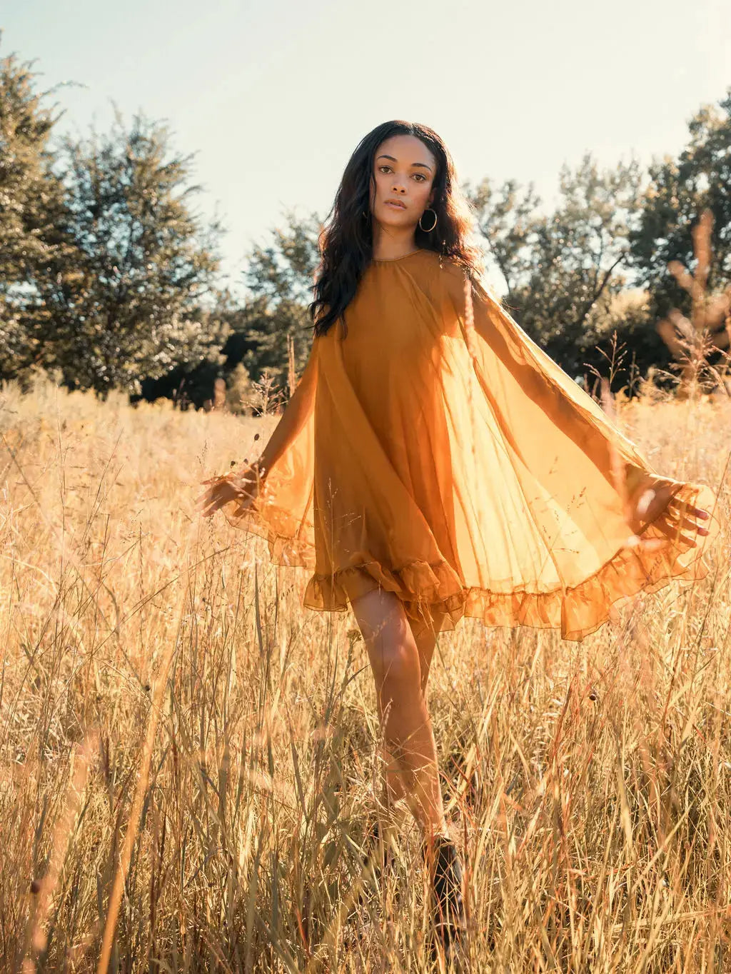 Dark Yellow High Neck Ruffle Hem Cape Mini Dress - Image 4